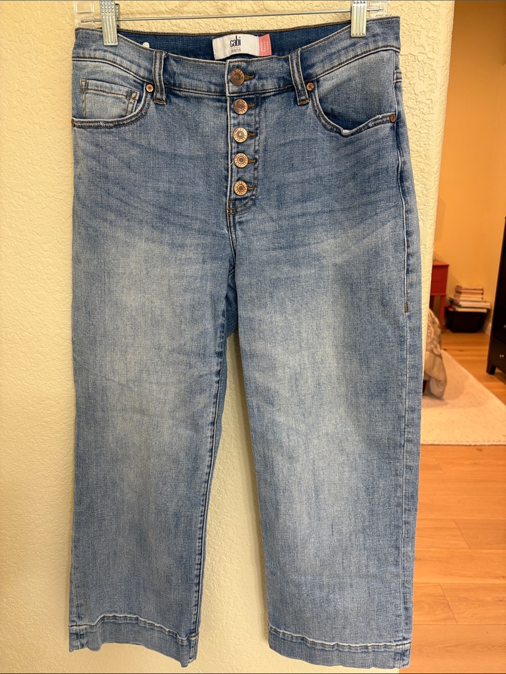 CAbi Cropped Button-Fly Jeans in Light Blue Wash